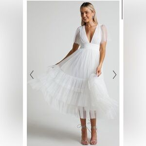 Showpo white tulle plunge dress.